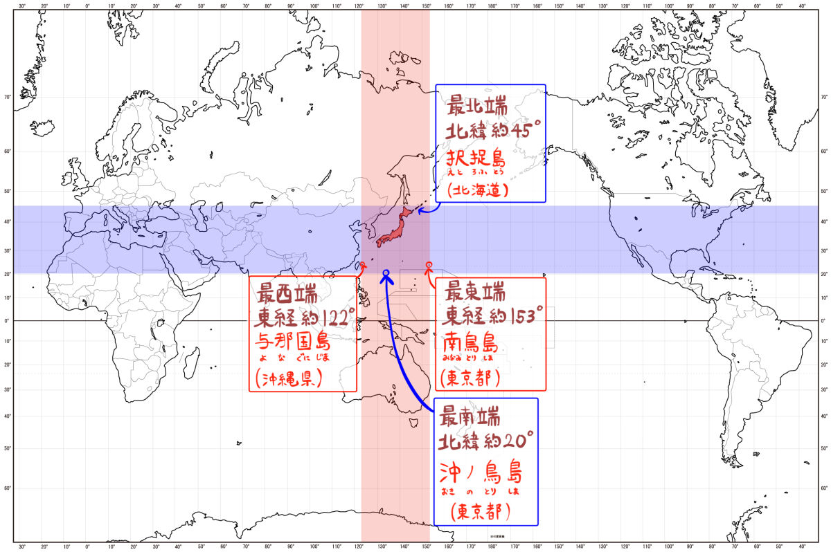 日本の経度緯度の地図