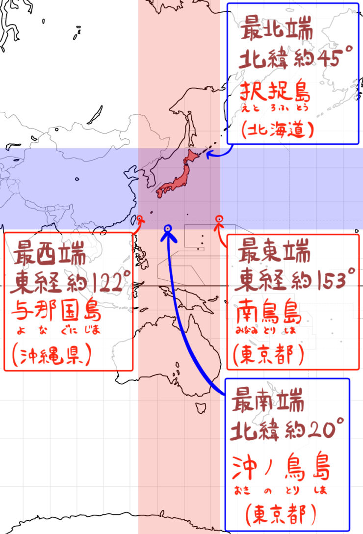 日本の経度緯度の地図拡大版