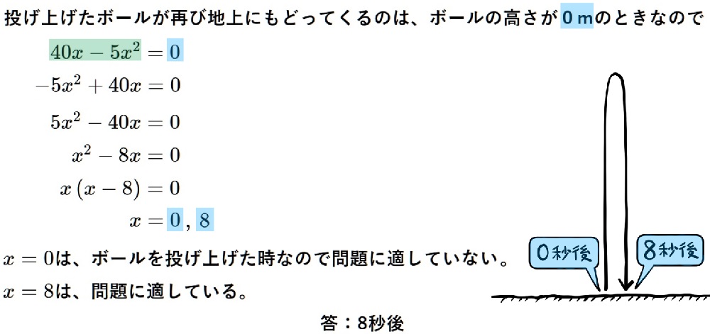 ボールを投げ上げる２次方程式の利用2の解説