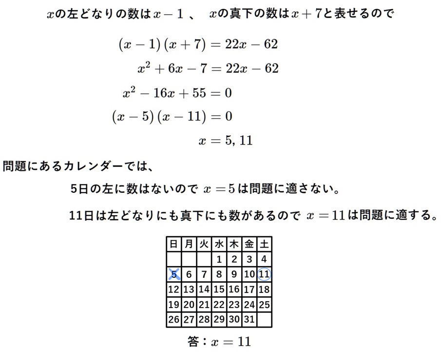 ２次方程式の利用のカレンダー問題の解説