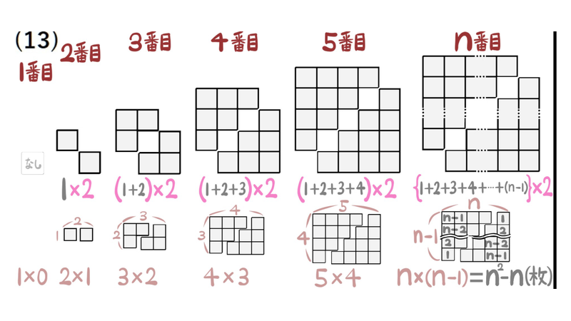 問13：白を2つの階段として足す方法とn行n−1列の長方形に並べる方法